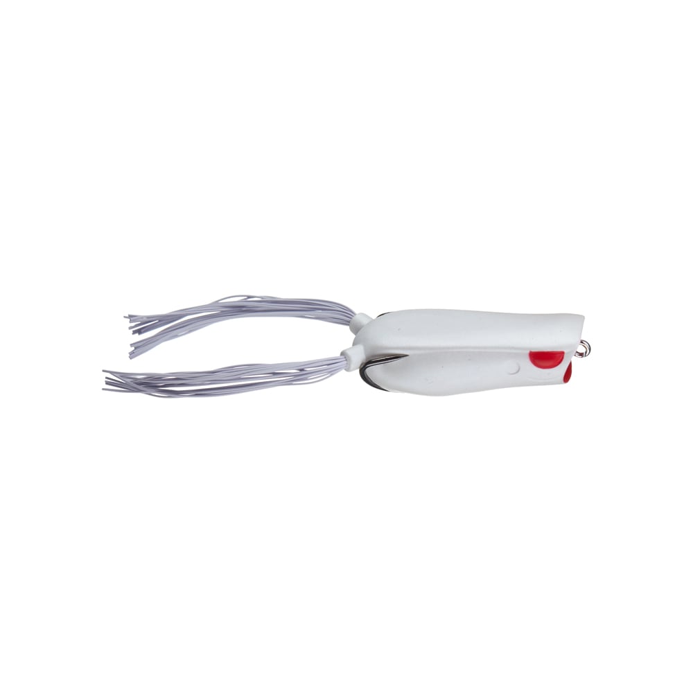 The Spro Bronzeye Pop 60 from SPRO is a white bass fishing lure with two long trailing strands and a small Gamakatsu hook, accented with red near the front, perfect for catching elusive fish.
