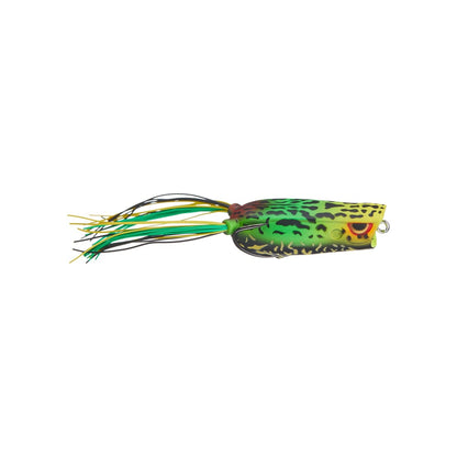 The SPRO Bronzeye Pop 60 is a frog-shaped lure in green and yellow with a speckled dark top and vivid orange eyes. It features thin, multicolored strands resembling legs, and a sharp Gamakatsu hook, perfect for bass fishing.