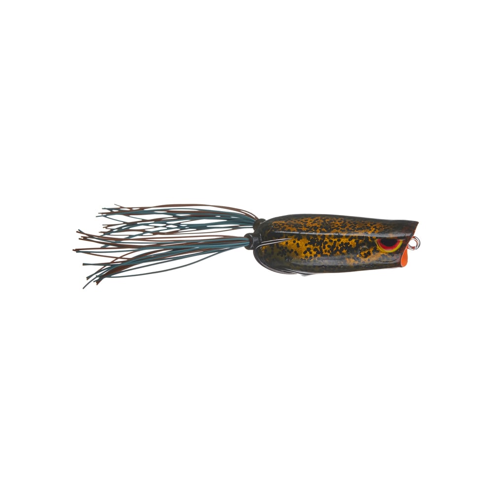 The SPRO Bronzeye Pop 60 is a lifelike bass fishing lure resembling a small fish or frog. It has a green and brown speckled body, red eyes, and a multicolored trailing skirt. Outfitted with a Gamakatsu hook, the lure mimics fins or legs effectively.
