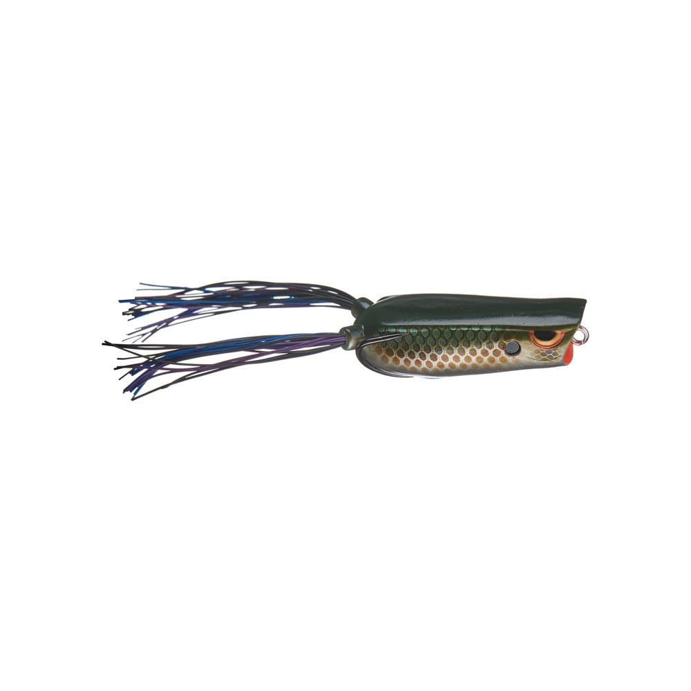 The SPRO Bronzeye Pop 60 features a detailed design with a green top, scale-like patterned sides, and a bright orange eye. Long tail-like strands complete this bass fishing lure, showcased against a white background to highlight its intricate features.