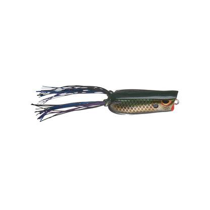 The SPRO Bronzeye Pop 60 features a detailed design with a green top, scale-like patterned sides, and a bright orange eye. Long tail-like strands complete this bass fishing lure, showcased against a white background to highlight its intricate features.