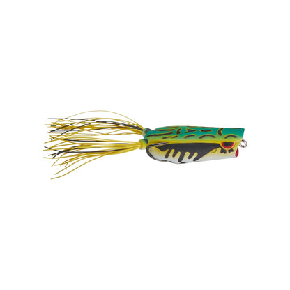 The SPRO Bronzeye Pop 60, a bass fishing lure by SPRO, mimics a frog with its green and yellow body plus black and red accents. It features yellow strands resembling frog legs and comes with a sharp Gamakatsu hook for top performance.