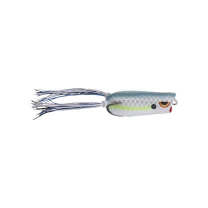 The Spro Bronzeye Pop 60 by SPRO is a realistic bass fishing lure with a grey scaled pattern, yellow and black eye, and elongated white body. It features blue and white tail-like strands to attract fish and is equipped with a sharp Gamakatsu hook to ensure your catch doesn't get away.