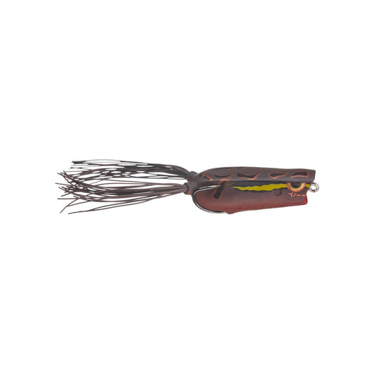 The SPRO Bronzeye Pop 60 is a bass fishing lure designed to resemble a frog, featuring a brown body with black and green patterns. Its fringe material simulates frog legs, while the Gamakatsu hook ensures successful catches.