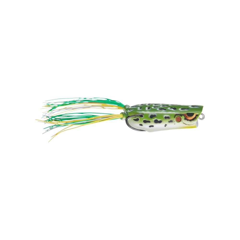 The Spro Bronzeye Pop 60 by SPRO is a green and yellow frog-shaped bass fishing lure with black spots, detailed with long strands mimicking a frog's hind legs. It features a realistic design and has a Gamakatsu hook concealed beneath its body, set against a plain white background.