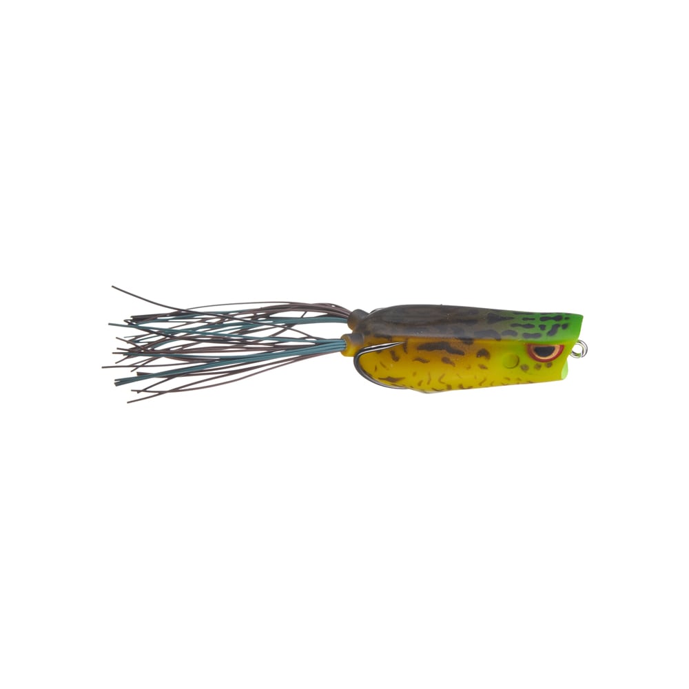 The SPRO Bronzeye Pop 60 is a vibrant bass fishing lure designed to mimic a frog, featuring green, yellow, and brown colors. It has a rounded body with thin trailing strands like legs and comes with a reliable Gamakatsu hook for successful fishing adventures.