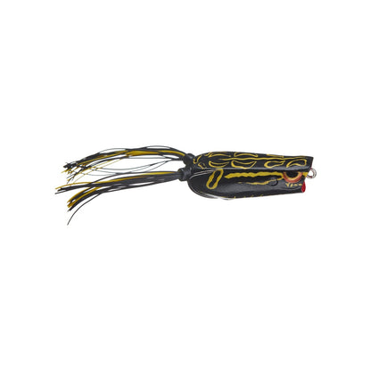 The SPRO Bronzeye Pop 60 is a realistic frog-shaped bass fishing lure featuring black and yellow details, tassel-like legs, and a sharp Gamakatsu hook. Expertly designed by SPRO to mimic a frog, it's irresistible for attracting fish.