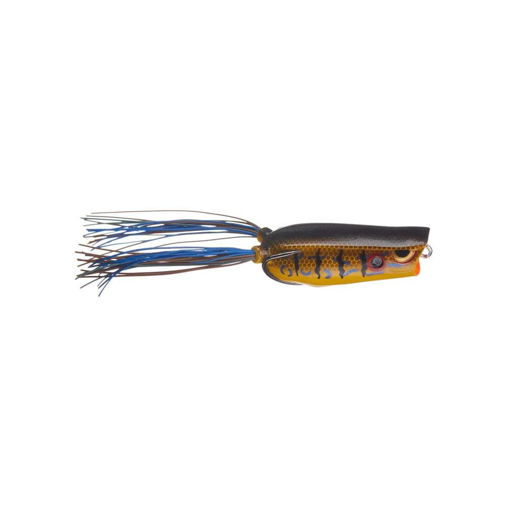 The Spro Bronzeye Pop 60 by SPRO is depicted with a vibrant design: black top, orange-yellow underside, and blue-black skirt strands. It includes a Gamakatsu hook and lifelike fish-eye on a white background.