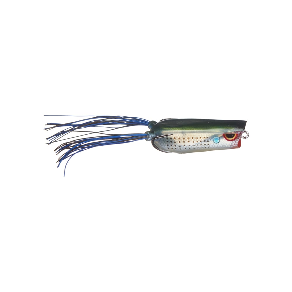 The SPRO Bronzeye Pop 60 is a bass fishing lure with a green and silver fish-like body, red eye, sharp Gamakatsu hook, and blue-black tassels resembling squid tentacles, ideal for catching attention.