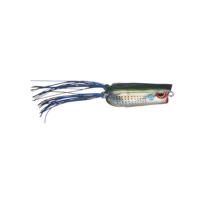 The SPRO Bronzeye Pop 60 is a bass fishing lure with a green and silver fish-like body, red eye, sharp Gamakatsu hook, and blue-black tassels resembling squid tentacles, ideal for catching attention.