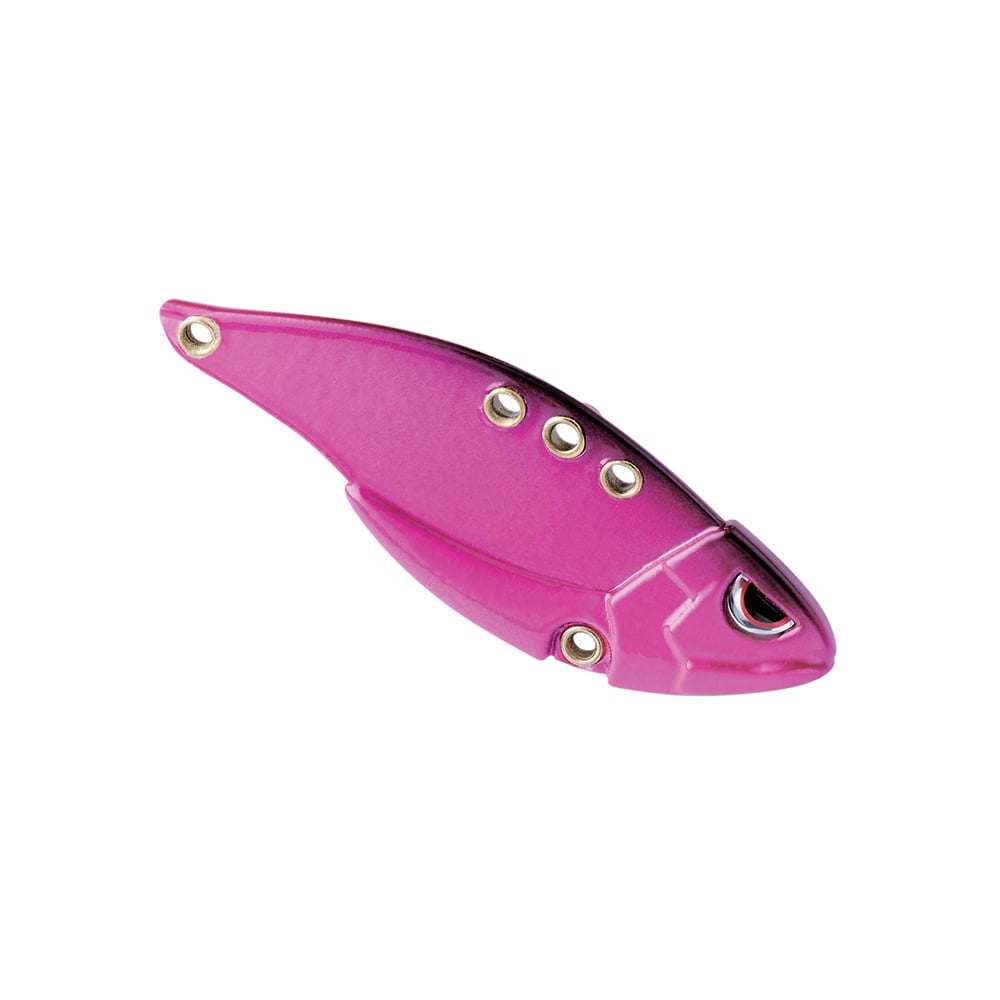 Introducing the Spro Carbon Blade TG Blade Bait by SPRO: a pink, fish-shaped fishing lure with carbon blade details and strategically placed holes along its body. Crafted to mimic a small baitfish, this lure is ideal for bass anglers in search of the perfect blade bait.