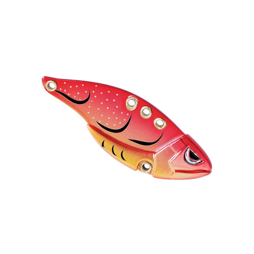 Introducing the SPRO Carbon Blade TG Blade Bait: a red and orange fish-shaped lure designed for bass anglers. It boasts black and yellow detailing, multiple metal eyelets for fishing line attachment, and exemplifies top-tier blade bait design.