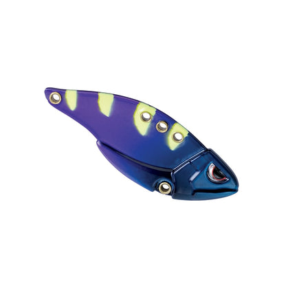 The SPRO Carbon Blade TG Blade Bait, ideal for bass anglers, is designed to mimic a small fish and features a stunning blue and purple gradient with yellow accents. Equipped with multiple holes for hooks or attachments, its striking appearance is reminiscent of popular blade baits, making it an attractive addition to any tackle box.