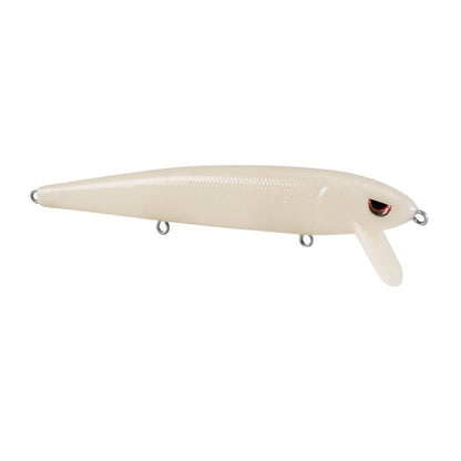 The SPRO Essential Series Zero Minnow Wakebait is a cream-colored minnow lure with a pointed tail, small front fin, red and black eye, and three metal loops for hooks or line—ideal for bass fishing.