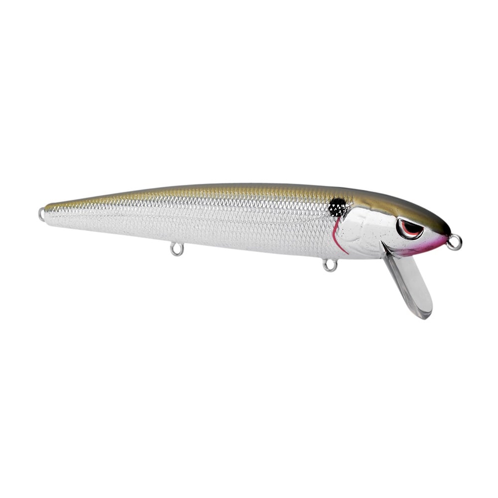 The SPRO Essential Series Zero Minnow Wakebait, by SPRO, is a silver and olive green minnow-style lure with textured body, painted gills, plastic diving lip, and three attachment rings—perfect for bass fishing.
