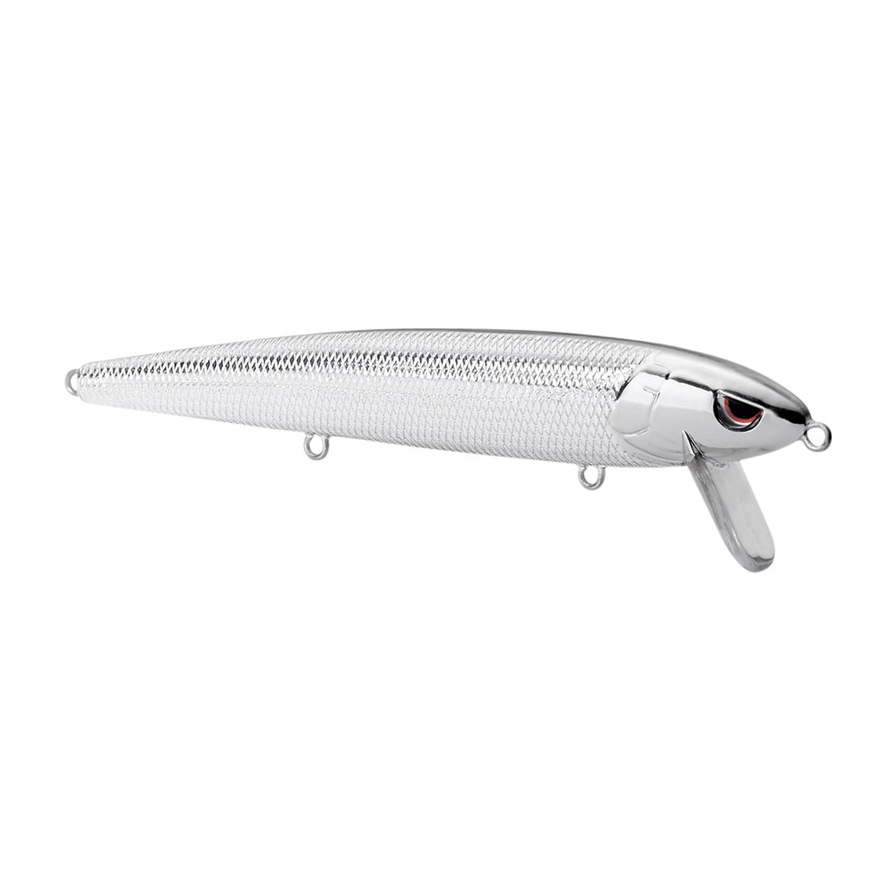 The SPRO Essential Series Zero Minnow Wakebait is a shiny, silver, fish-shaped lure with textured body, fin under the head, red and black eyes, and metal hook loops—ideal for bass fishing enthusiasts.