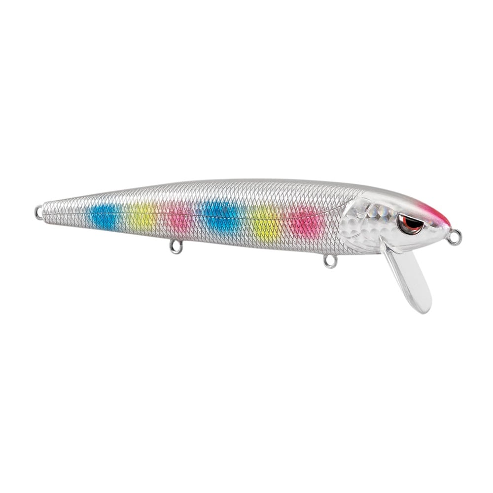 The SPRO Essential Series Zero Minnow Wakebait shines with a silver scale texture, red eye accent, transparent fin, and blue, yellow, and pink spots—perfect for mimicking minnows while bass fishing.