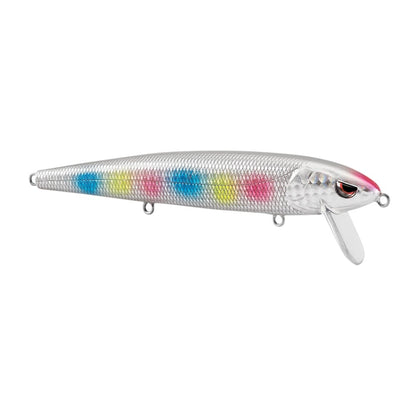 The SPRO Essential Series Zero Minnow Wakebait shines with a silver scale texture, red eye accent, transparent fin, and blue, yellow, and pink spots—perfect for mimicking minnows while bass fishing.