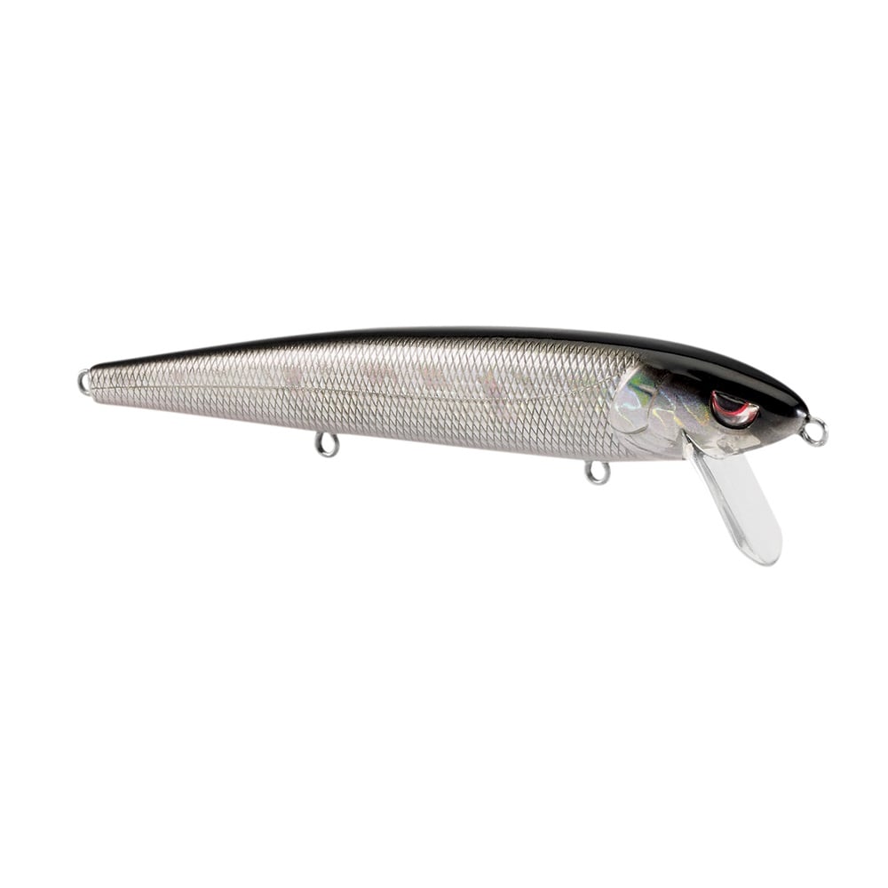 The SPRO Essential Series Zero Minnow Wakebait—a silver and black minnow-style lure with a scale pattern, clear plastic lip, and three attachment rings—ideal for bass fishing—is shown on a white background.