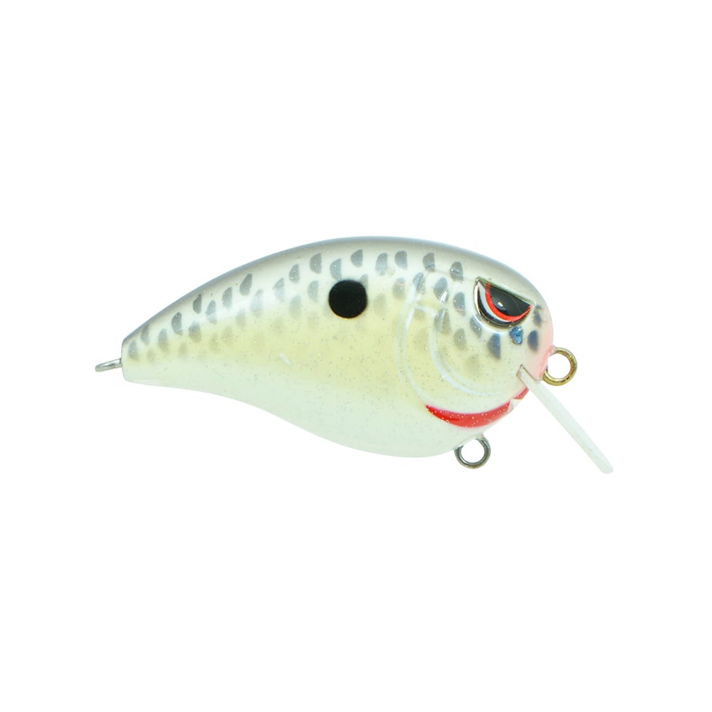 The SPRO Fat John 50 Crankbait features a white and gray fish shape with black spots, red mouth detail, painted eye, short white plastic lip, and attachment rings on the nose and underside for easy rigging.