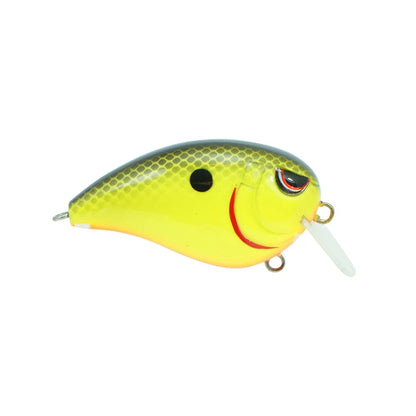The SPRO Fat John 50 Crankbait features a fish-shaped body with yellow and green accents, a black spot, red mouth line, premium Gamakatsu treble hooks, and a clear plastic lip for diving.