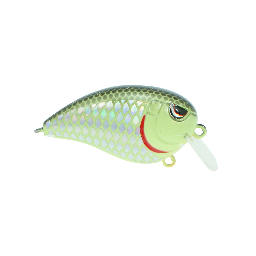 A SPRO Fat John 50 Crankbait fishing lure in shiny green and silver with a scale pattern, red eye accent, Gamakatsu treble hooks, and a translucent plastic lip displayed on a white background.