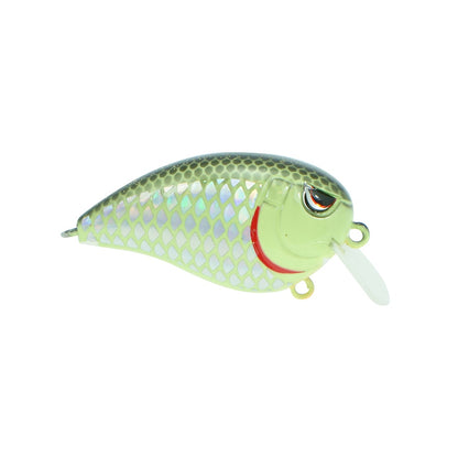 A SPRO Fat John 50 Crankbait fishing lure in shiny green and silver with a scale pattern, red eye accent, Gamakatsu treble hooks, and a translucent plastic lip displayed on a white background.