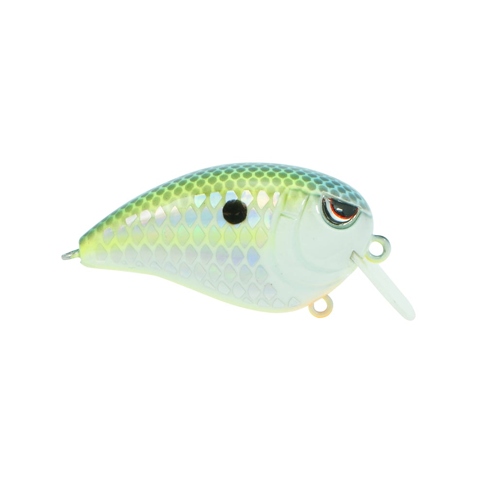 The SPRO Fat John 50 Crankbait features a green and yellow scaled fish pattern with a black eye spot, white belly, clear plastic lip for diving, and sharp Gamakatsu treble hooks.