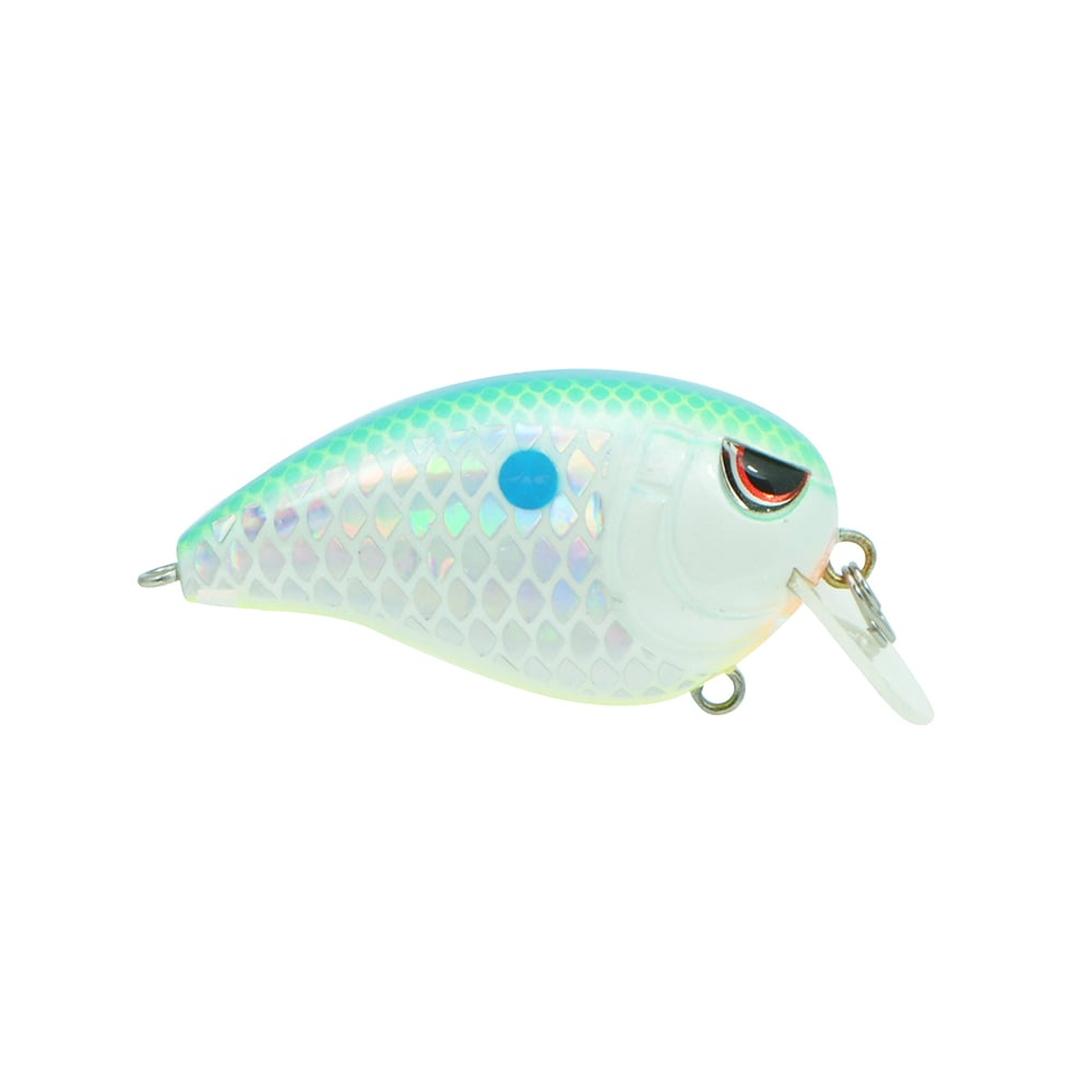 The SPRO Fat John 50 Crankbait features a fish-shaped, iridescent body with a white belly, blue-green back, scale pattern, large black and red eye, durable Gamakatsu treble hooks, and a clear diving lip.