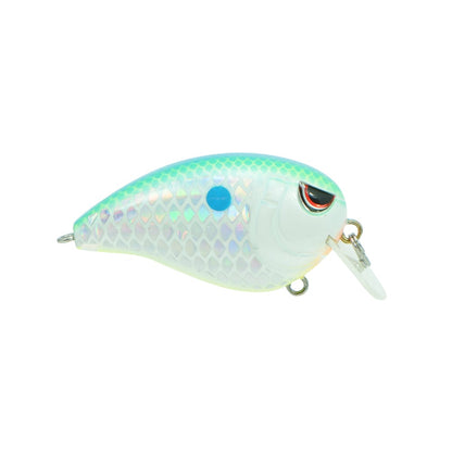 The SPRO Fat John 50 Crankbait features a fish-shaped, iridescent body with a white belly, blue-green back, scale pattern, large black and red eye, durable Gamakatsu treble hooks, and a clear diving lip.