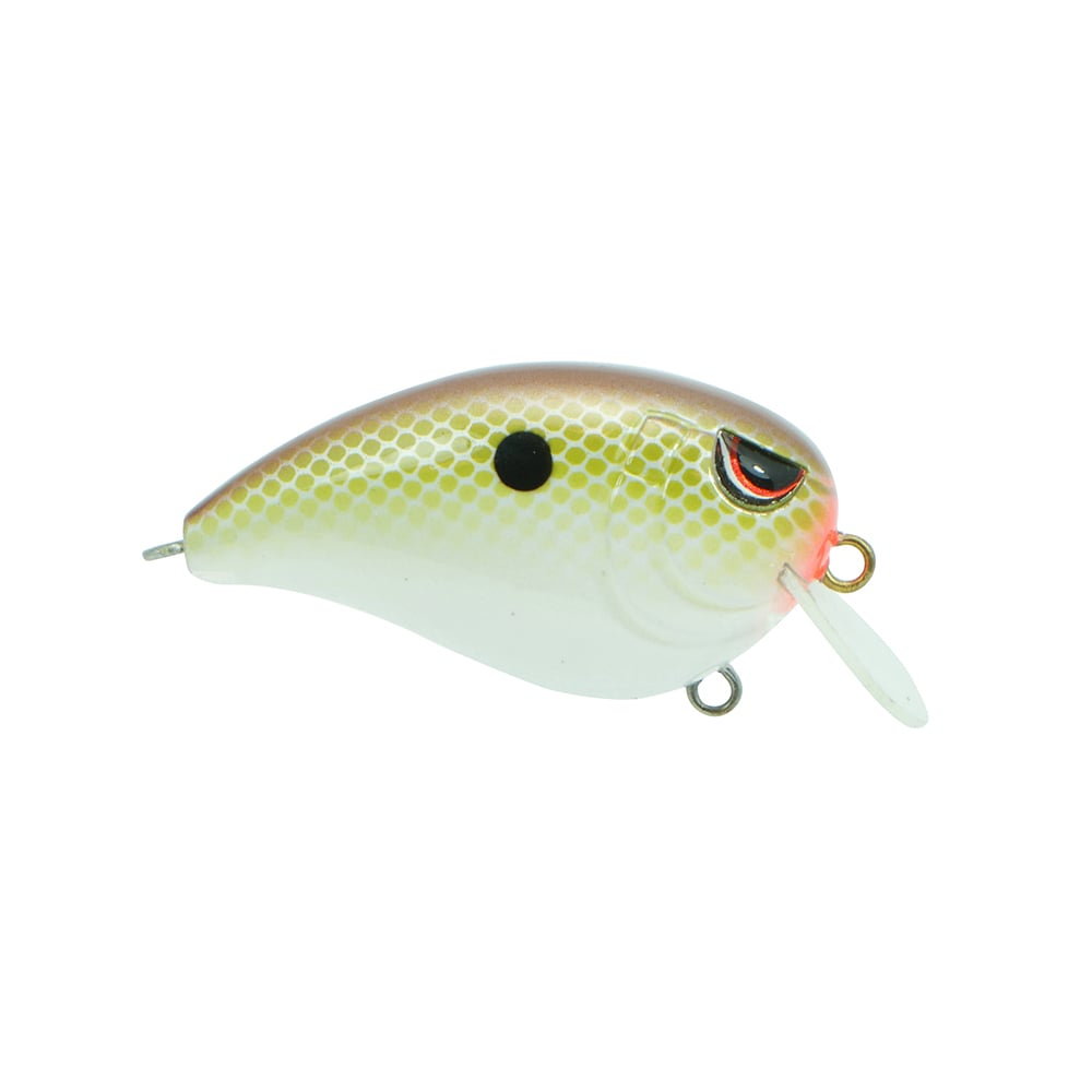 The SPRO Fat John 50 Crankbait features a square bill, fish-like shape, white belly, yellow-green scales, black side spot, red eye, small white plastic lip, and sharp Gamakatsu treble hooks.