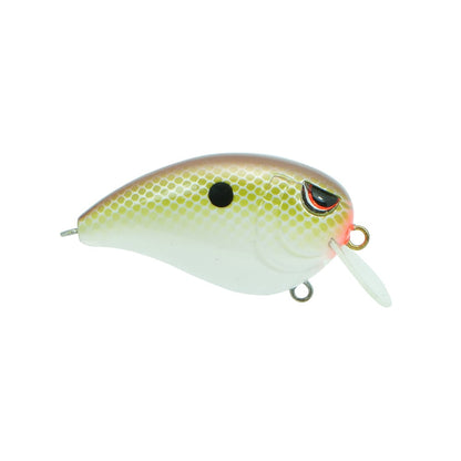 The SPRO Fat John 50 Crankbait features a square bill, fish-like shape, white belly, yellow-green scales, black side spot, red eye, small white plastic lip, and sharp Gamakatsu treble hooks.