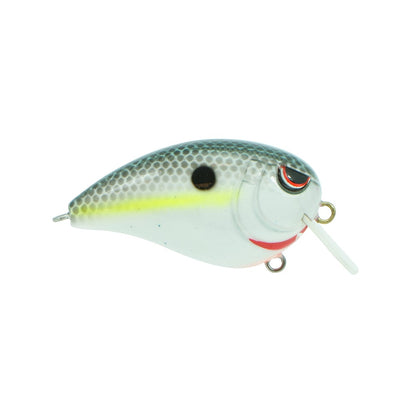 The SPRO Fat John 50 Crankbaits are fish-shaped lures with a gray, scale-patterned back, yellow side stripe, black dot, red accent near the mouth, and a small plastic lip for diving.