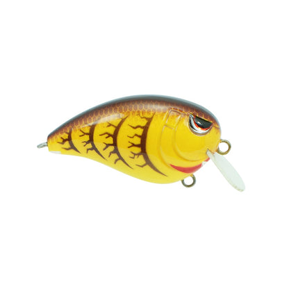 The SPRO Fat John 50 Crankbait is yellow and brown with painted scales, a red mark by the mouth, a silver eye, and a white plastic diving lip.