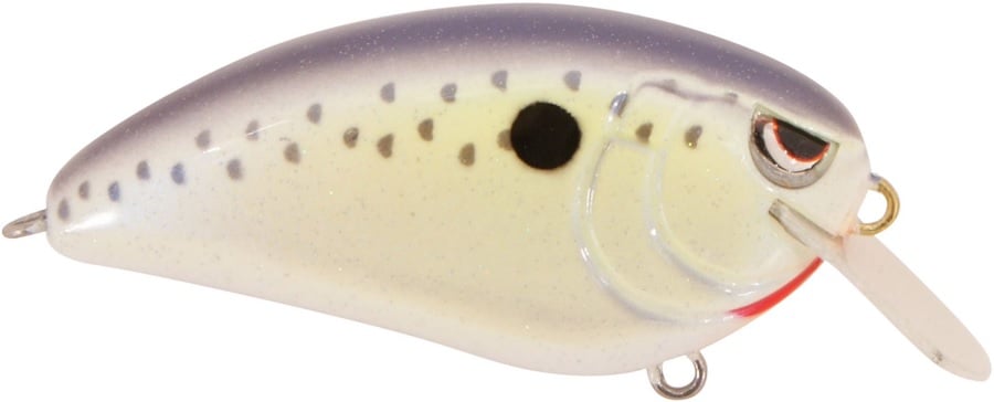 The SPRO Fat John 60 Crankbait features a fish-mimicking gradient pattern from dark to light with speckled spots. It has a large black dot and eye detail, a silver finish, and Gamakatsu treble hooks. Its transparent lip allows for shallow diving action.