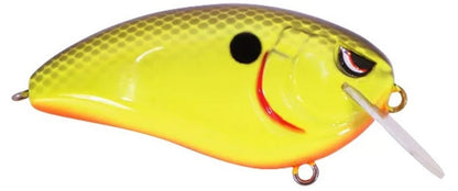 The SPRO Fat John 60 Crankbait is a bright yellow lure with orange accents and a stylized fish design. It includes a textured pattern, eye detail, and silver lip for shallow diving. Equipped with Gamakatsu treble hooks, it has small eyelets for easy attachment.