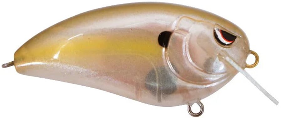 The SPRO Fat John 60 Crankbait by SPRO is a shallow diving lure with a shiny gold and silver body, Gamakatsu treble hooks, a small black dot near its center, a realistic fish eye at the front, and a clear protruding lip.