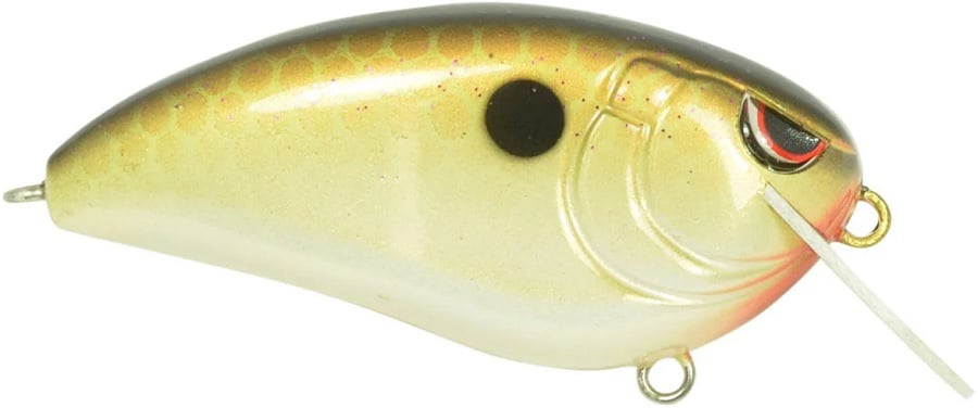 The Spro Fat John 60 Crankbait by SPRO is a gold and white lure with a black spot and red-tinted head details, ideal for shallow diving. It features Gamakatsu treble hooks and a front plastic lip to mimic fish movements.