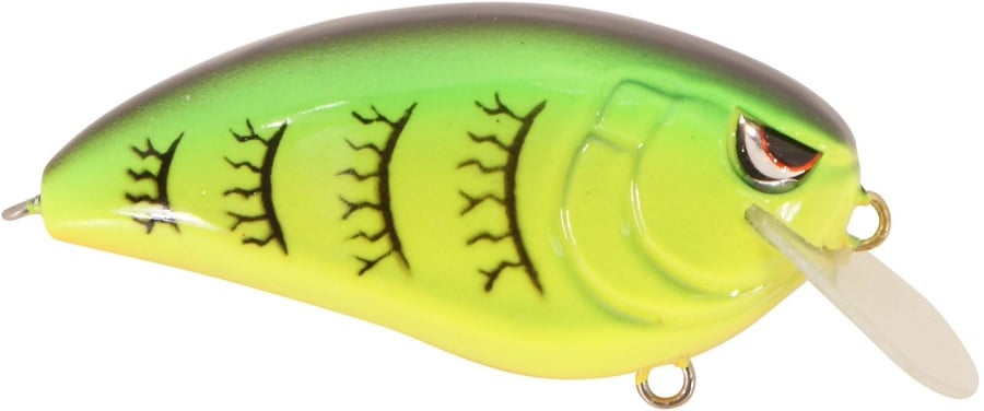 The Spro Fat John 60 Crankbait by SPRO displays a green to yellow gradient with black branch patterns, a clear bill, two metal rings for hooks, and pairs perfectly with Gamakatsu treble hooks for effective shallow diving.