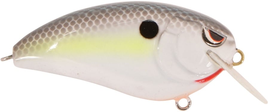 The SPRO Fat John 60 Crankbait, designed for shallow diving, has a curved gray top with a honeycomb pattern, yellow stripe, white belly, and red accents by the mouth. It features an eye design, black spot, and two metal loops ready for Gamakatsu treble hooks.