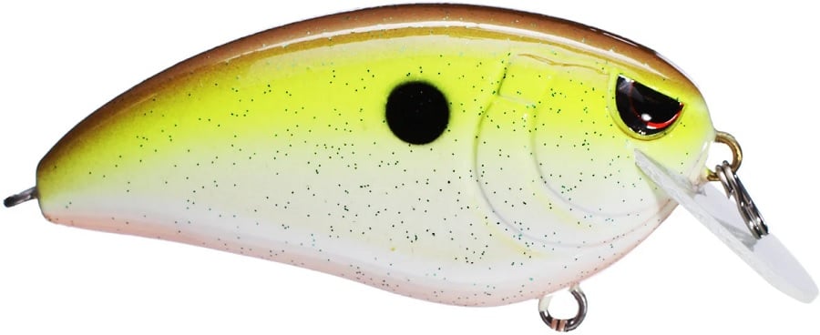 The SPRO Fat John 60 Crankbait is a shad-shaped lure with a yellow-to-white gradient, black speckles, and a black eye spot. It features Gamakatsu treble hooks for excellent catch and release.