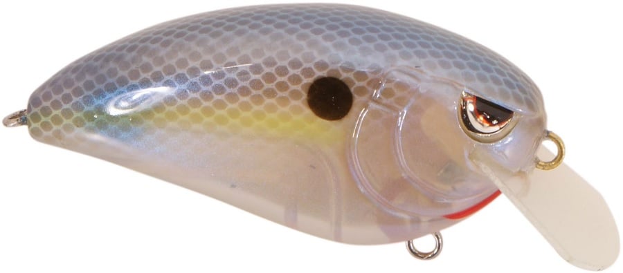 The Spro Fat John 60 Crankbait by SPRO showcases a translucent body with a hexagonal pattern, side black spot, front eye design, diving lip, and dual attachment points. It's a shallow diver equipped with Gamakatsu treble hooks.