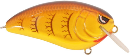 The SPRO Fat John 60 Crankbait is a colorful fishing lure with an orange-yellow gradient, black stripes, and a back scale pattern. Crafted for shallow diving, it has Gamakatsu treble hooks and metal rings for easy line attachment.
