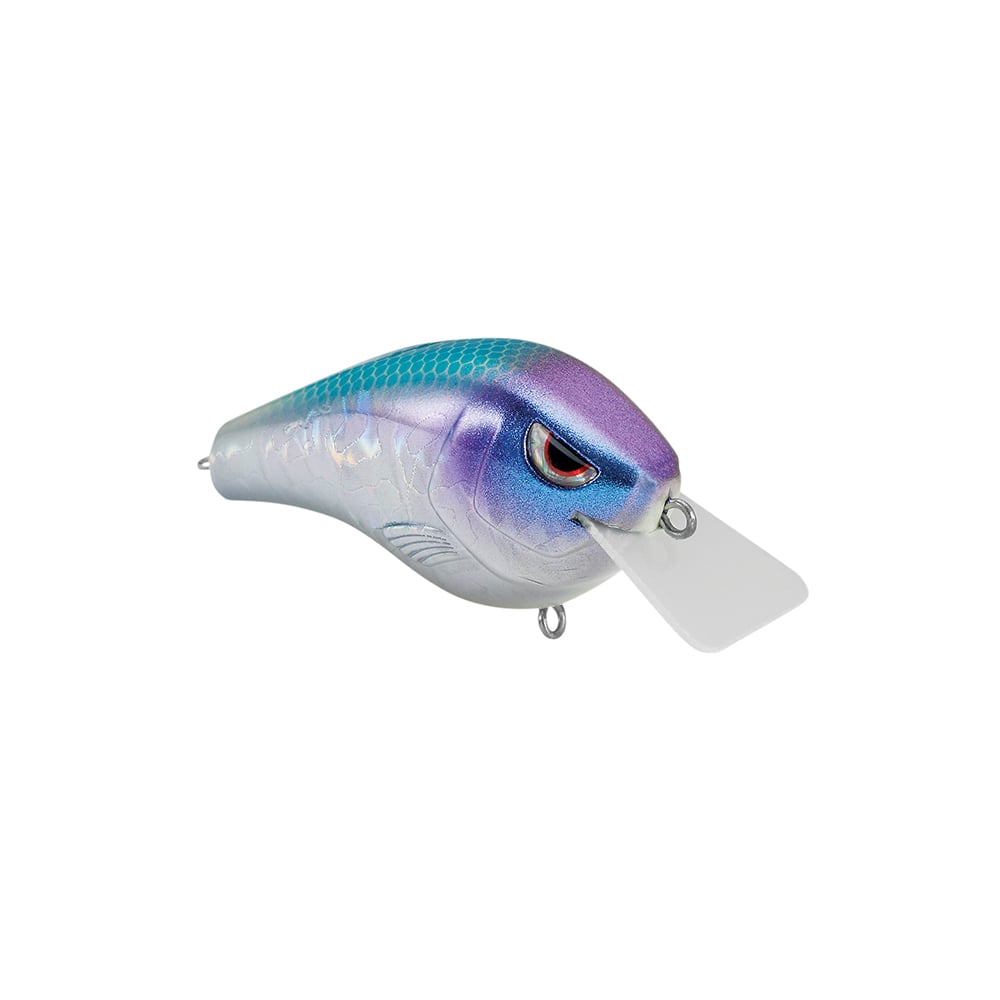 The SPRO Fat Papa Squarebill Crankbait is a fish-shaped lure with a purple-teal gradient top, silver sides, red and black eyes, Gamakatsu Treble Hooks, and a clear front lip for diving.
