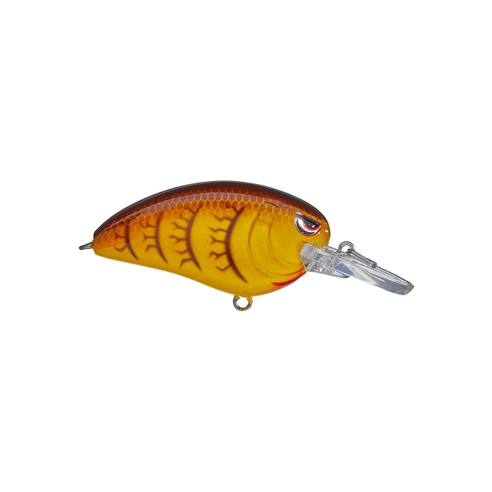 The SPRO Little John MD Crankbait is a yellow and brown medium diver crankbait with a curved, scaled body and a clear plastic lip. Designed to mimic a small fish, it features sharp Gamakatsu treble hooks for effective catching.