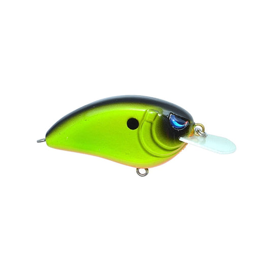 The americanlegacyfishing Spro Little John 50 Crankbait in Western Chart Black Back (SLJ50WCB) features green and black colors, a blue eye, a small metal ring underneath, and a clear plastic lip for diving.