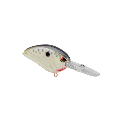 The SPRO Little John Micro DD 45 Crankbait is a finesse lure shaped like a small fish, featuring a white body, dark back, black spots, red accent near the eye, and a long clear plastic bill.