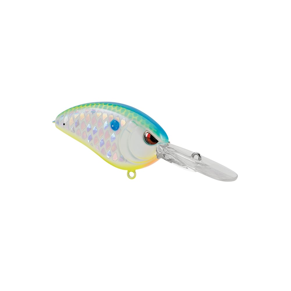 The SPRO Little John Micro DD 45 Crankbait is a colorful fishing lure featuring a blue and green top, iridescent scale sides, and a clear plastic lip, shown isolated on a white background.