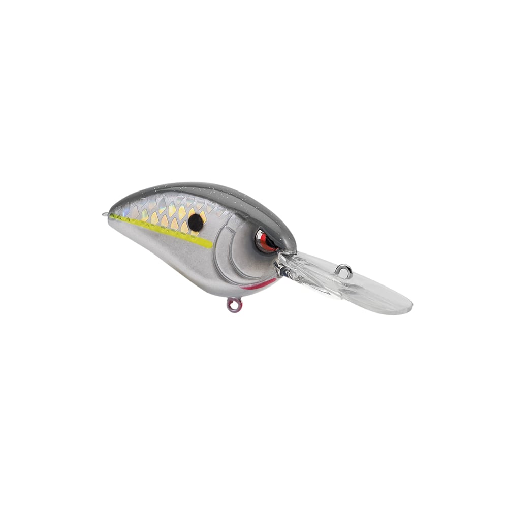 The SPRO Little John Micro DD 45 Crankbait features a silver and gray fish scale pattern, red eye, yellow side stripe, black dot, and a clear plastic bill for precise deep diving action.