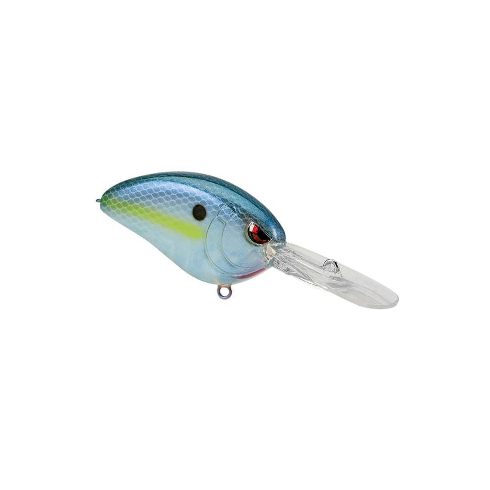 The SPRO Little John Micro DD 45 Crankbait features a blue and green scaled body with a yellow side stripe, red eye, and clear plastic bill, shown isolated on a white background.